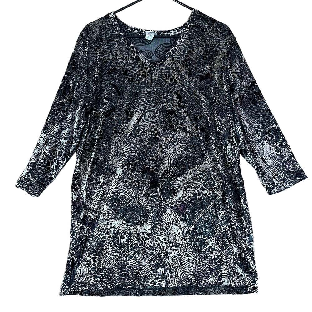 Chicos Womens Blouse Black Multi VNeck Jacquard Damask Floral 3/4 Sleeve 3 (XL)
